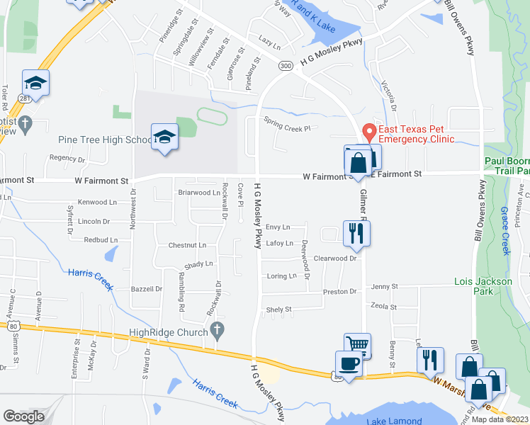 map of restaurants, bars, coffee shops, grocery stores, and more near 1403 H G Mosley Parkway in Longview