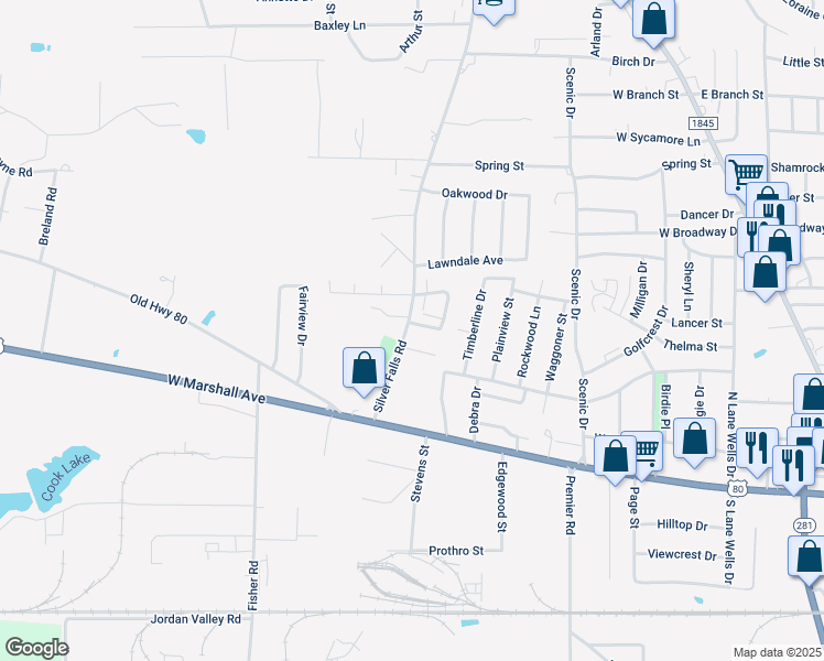 map of restaurants, bars, coffee shops, grocery stores, and more near 108 Jester Circle in Longview