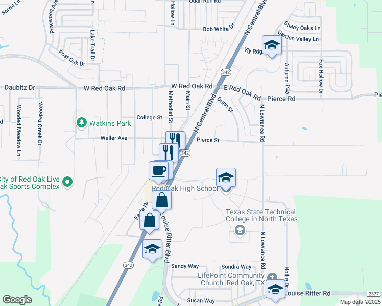 map of restaurants, bars, coffee shops, grocery stores, and more near 206 Texas 342 in Red Oak
