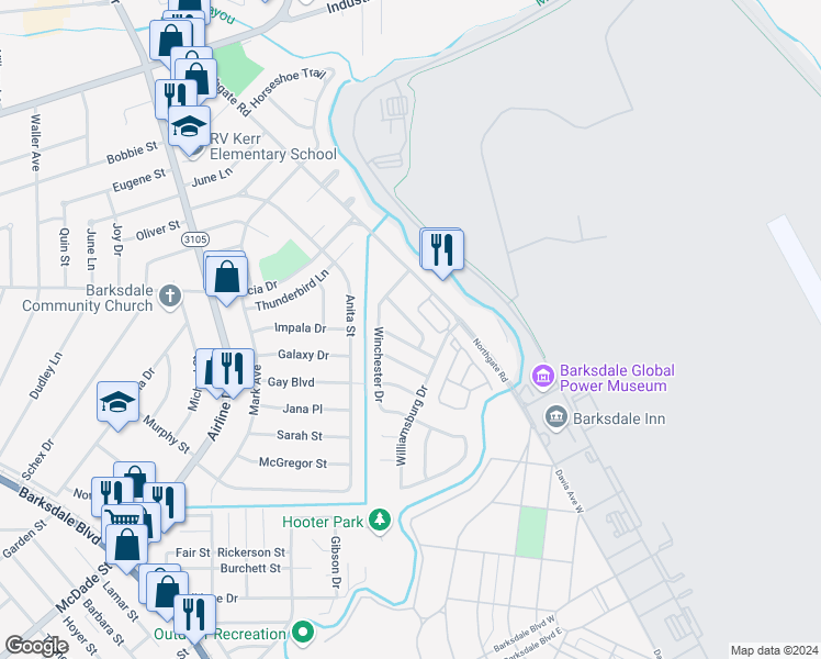 map of restaurants, bars, coffee shops, grocery stores, and more near 3320 Danbury Court in Bossier City