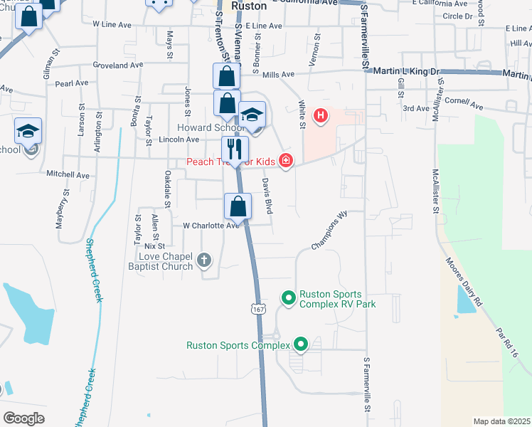 map of restaurants, bars, coffee shops, grocery stores, and more near 1408 Davis Boulevard in Ruston