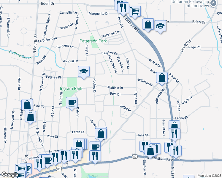 map of restaurants, bars, coffee shops, grocery stores, and more near 1508 Bluebird Dr in Longview