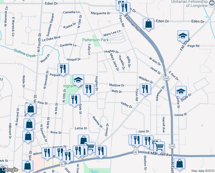 map of restaurants, bars, coffee shops, grocery stores, and more near 1214 Mahlow Drive in Longview