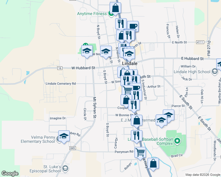 map of restaurants, bars, coffee shops, grocery stores, and more near 307 Hilltop Street in Lindale