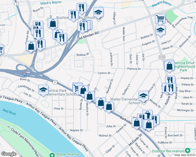 map of restaurants, bars, coffee shops, grocery stores, and more near 1159 Gilbert Drive in Bossier City