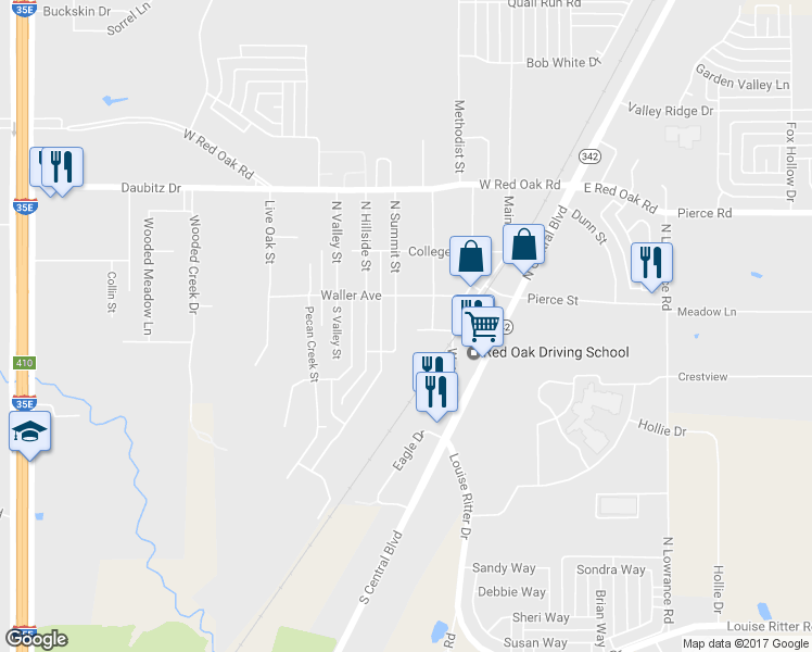 map of restaurants, bars, coffee shops, grocery stores, and more near 108 South Summit Street in Red Oak