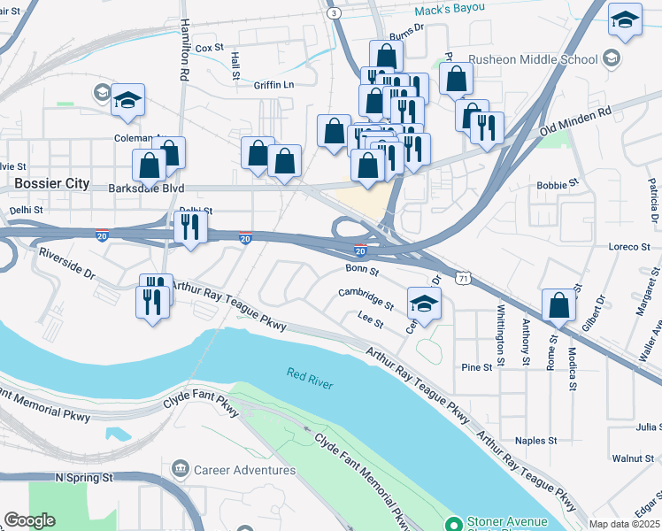 map of restaurants, bars, coffee shops, grocery stores, and more near 1819 Bonn Street in Bossier City
