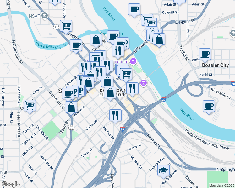 map of restaurants, bars, coffee shops, grocery stores, and more near 24312 Common Street in Shreveport