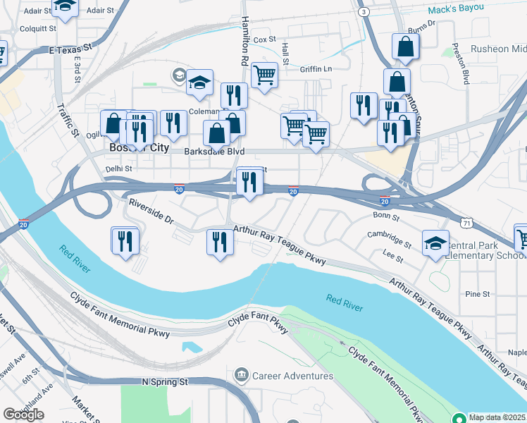 map of restaurants, bars, coffee shops, grocery stores, and more near 213 S Youree St in Bossier City