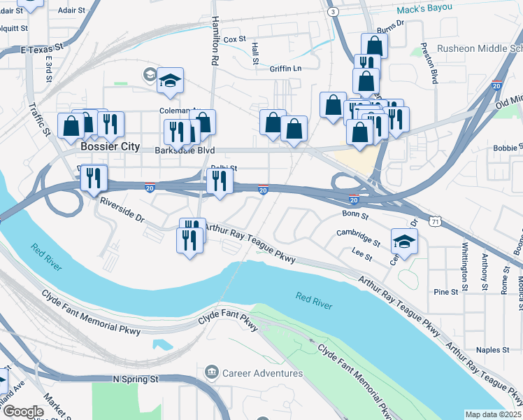 map of restaurants, bars, coffee shops, grocery stores, and more near 222 Westerfield Street in Bossier City