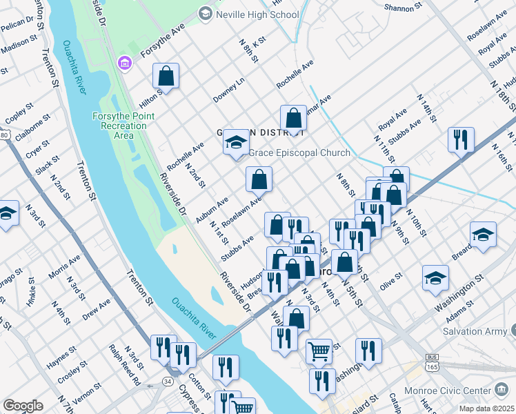 map of restaurants, bars, coffee shops, grocery stores, and more near 1105 N 4th St in Monroe