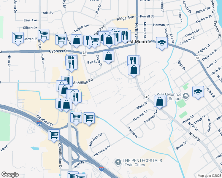 map of restaurants, bars, coffee shops, grocery stores, and more near 106 Parkwest Drive in West Monroe