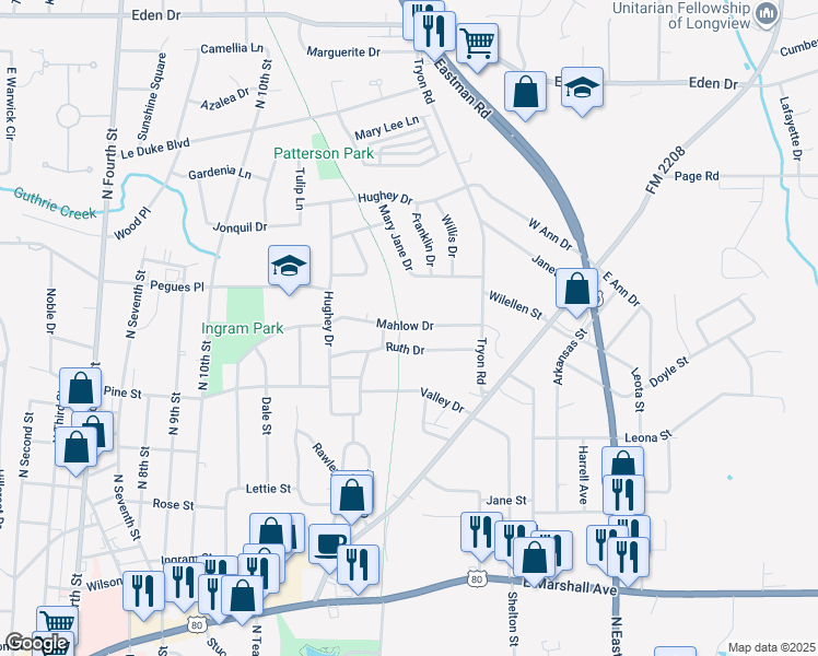 map of restaurants, bars, coffee shops, grocery stores, and more near 1508 Bluebird Drive in Longview