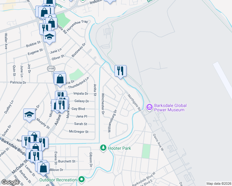 map of restaurants, bars, coffee shops, grocery stores, and more near 3329 Danbury Court in Bossier City