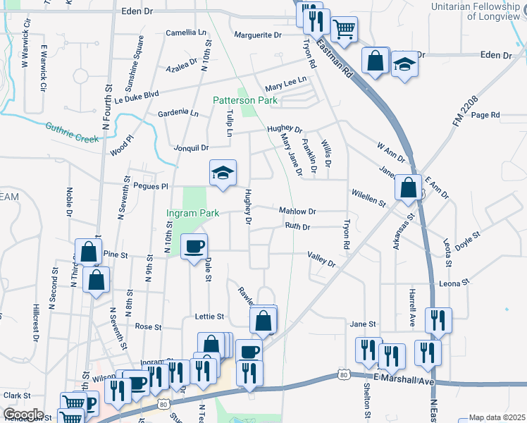 map of restaurants, bars, coffee shops, grocery stores, and more near 1214 Mahlow Drive in Longview