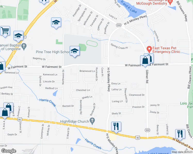 map of restaurants, bars, coffee shops, grocery stores, and more near 609 Rockwall Drive in Longview