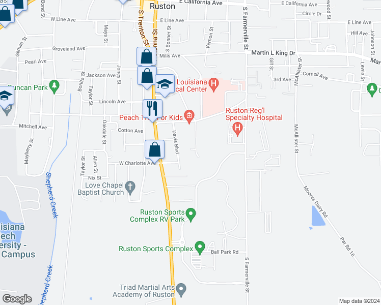map of restaurants, bars, coffee shops, grocery stores, and more near 1410 White Street in Ruston