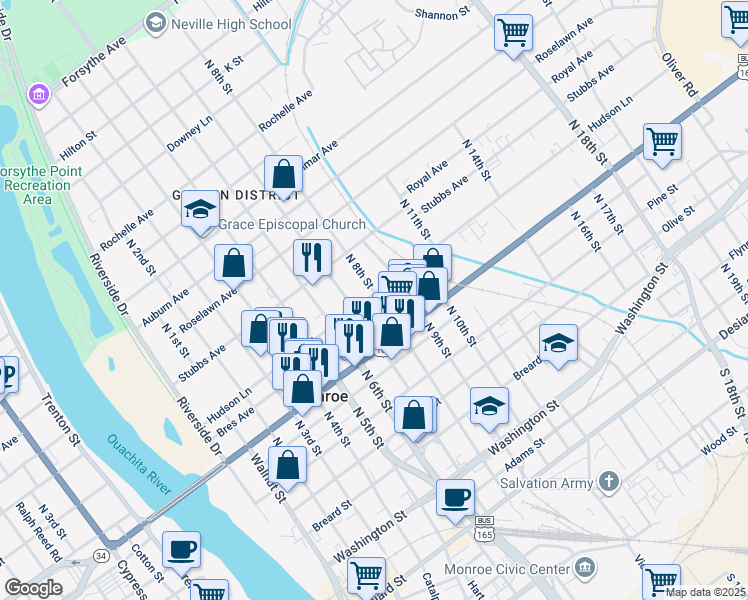 map of restaurants, bars, coffee shops, grocery stores, and more near 807 Bres Avenue in Monroe