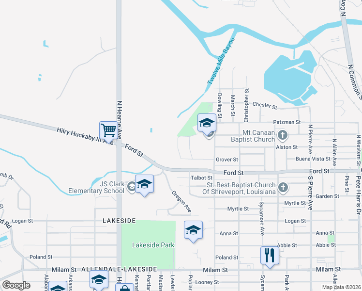map of restaurants, bars, coffee shops, grocery stores, and more near 213 North Wyatt Street in Shreveport