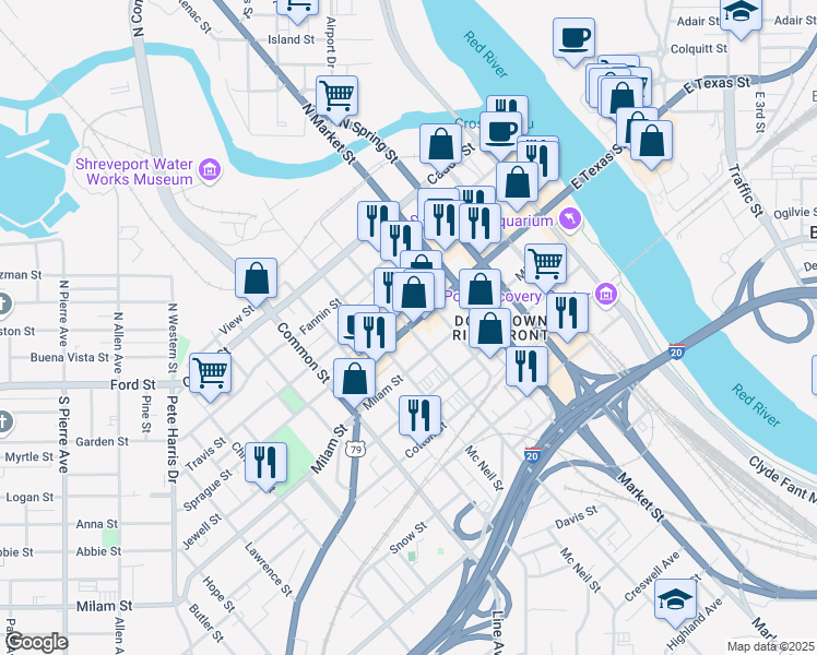 map of restaurants, bars, coffee shops, grocery stores, and more near in Shreveport