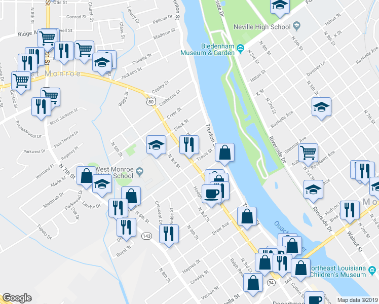 map of restaurants, bars, coffee shops, grocery stores, and more near 1508 Cypress Street in West Monroe