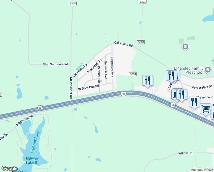 map of restaurants, bars, coffee shops, grocery stores, and more near 475 Eastwood Road in Hallsville