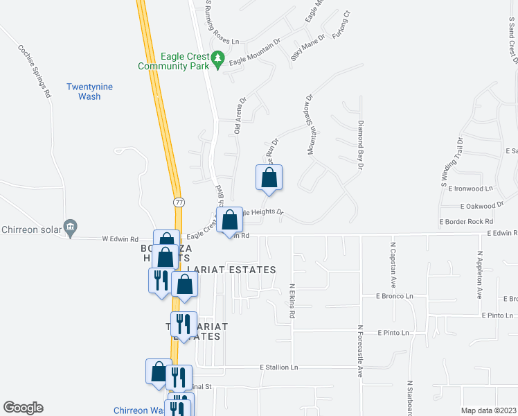 map of restaurants, bars, coffee shops, grocery stores, and more near 40040 Horse Run Drive in Tucson
