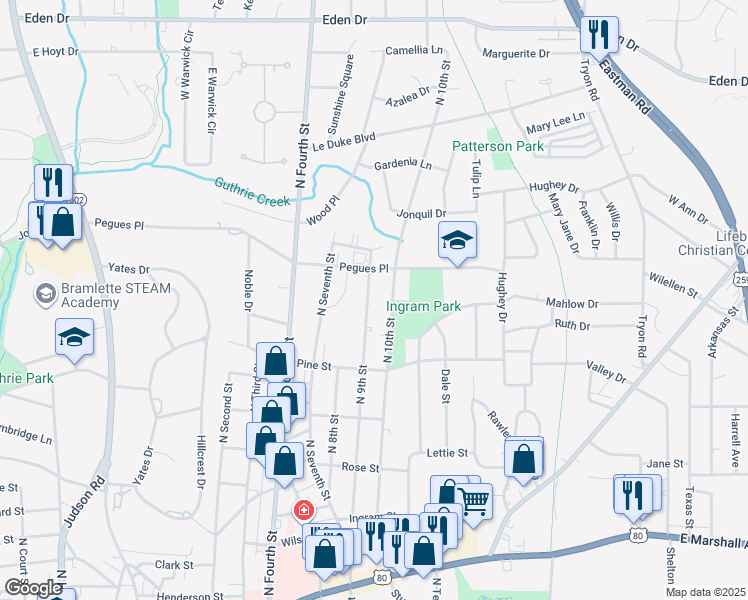 map of restaurants, bars, coffee shops, grocery stores, and more near 1421 North 10th Street in Longview
