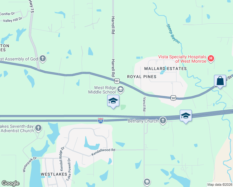 map of restaurants, bars, coffee shops, grocery stores, and more near 6796-6998 Highway 15 in West Monroe