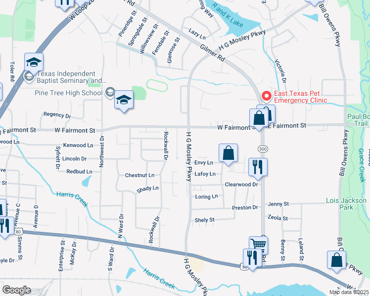 map of restaurants, bars, coffee shops, grocery stores, and more near 722 Cove Place in Longview
