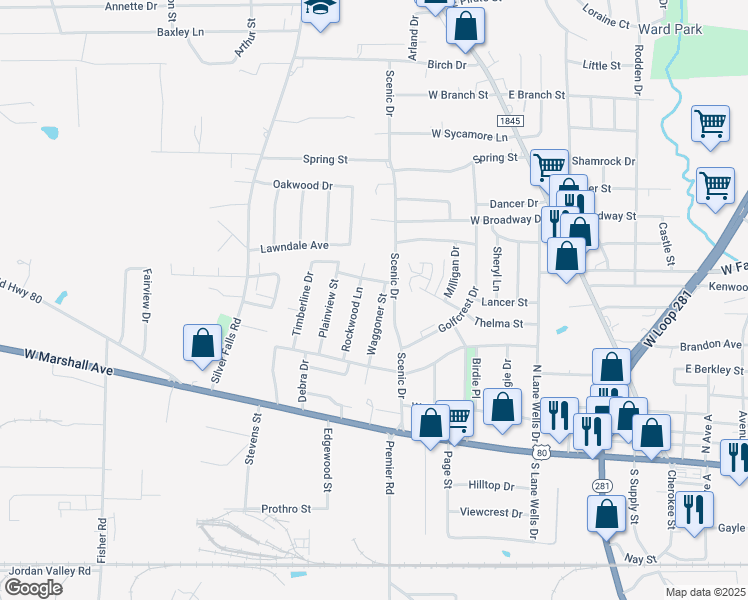 map of restaurants, bars, coffee shops, grocery stores, and more near 510A Rockwood Lane in Longview