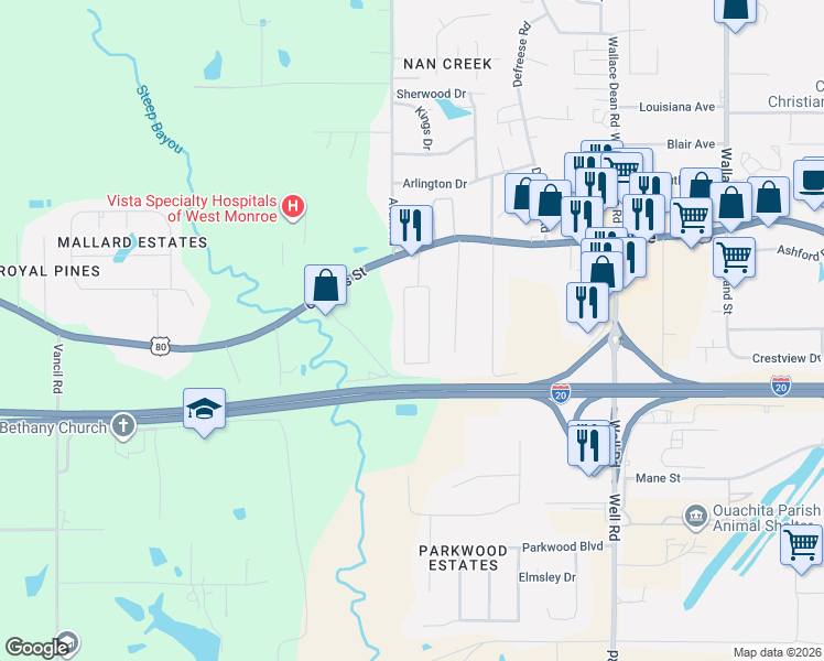 map of restaurants, bars, coffee shops, grocery stores, and more near 216 Del Rey Drive in West Monroe