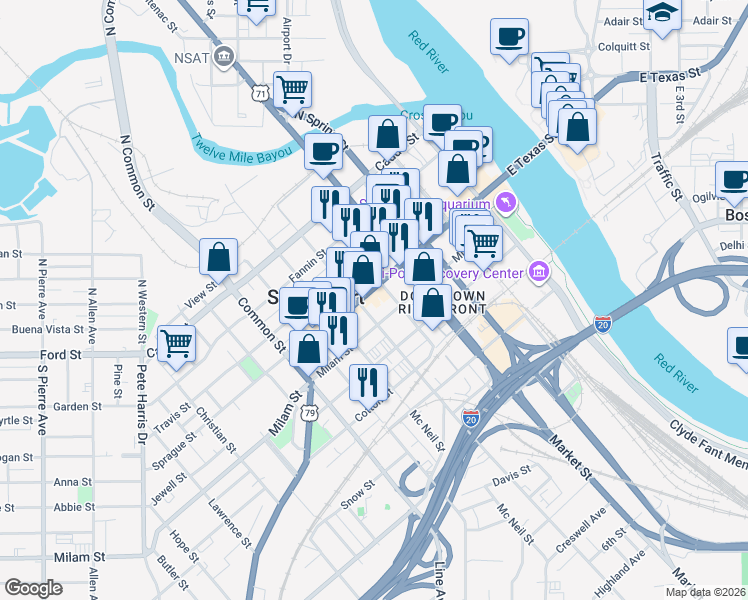 map of restaurants, bars, coffee shops, grocery stores, and more near in Shreveport