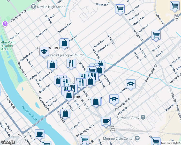 map of restaurants, bars, coffee shops, grocery stores, and more near 807 Bres Avenue in Monroe