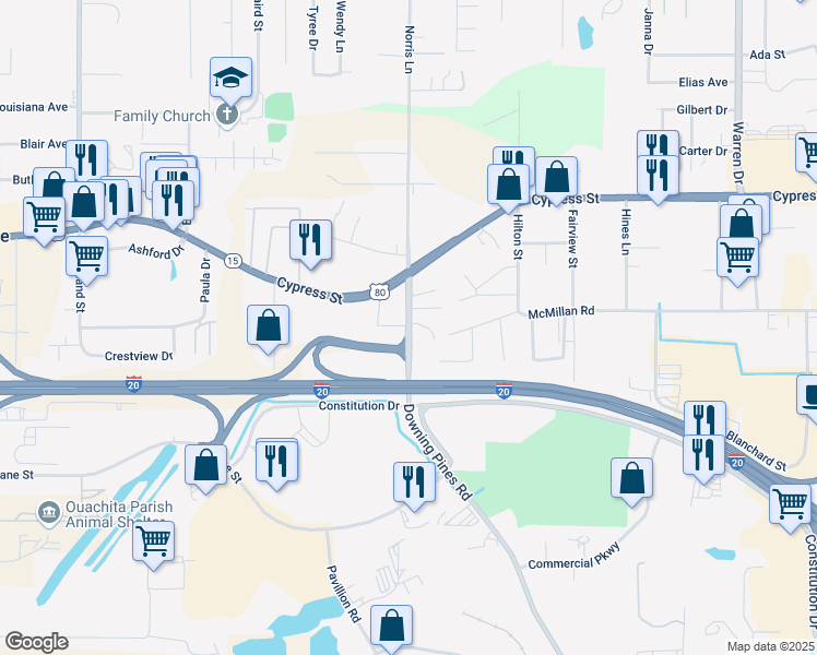 map of restaurants, bars, coffee shops, grocery stores, and more near Downing Pines Rd in Claiborne