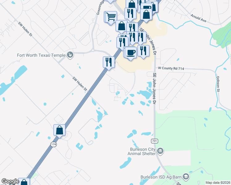 map of restaurants, bars, coffee shops, grocery stores, and more near 1700 Fairfield Parkway in Burleson