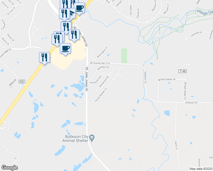map of restaurants, bars, coffee shops, grocery stores, and more near 1012 Thistle Meade Circle in Burleson