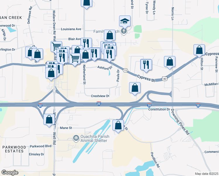 map of restaurants, bars, coffee shops, grocery stores, and more near Paula Drive in Claiborne