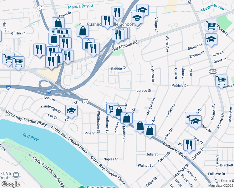 map of restaurants, bars, coffee shops, grocery stores, and more near 2227 Nattin Street in Bossier City