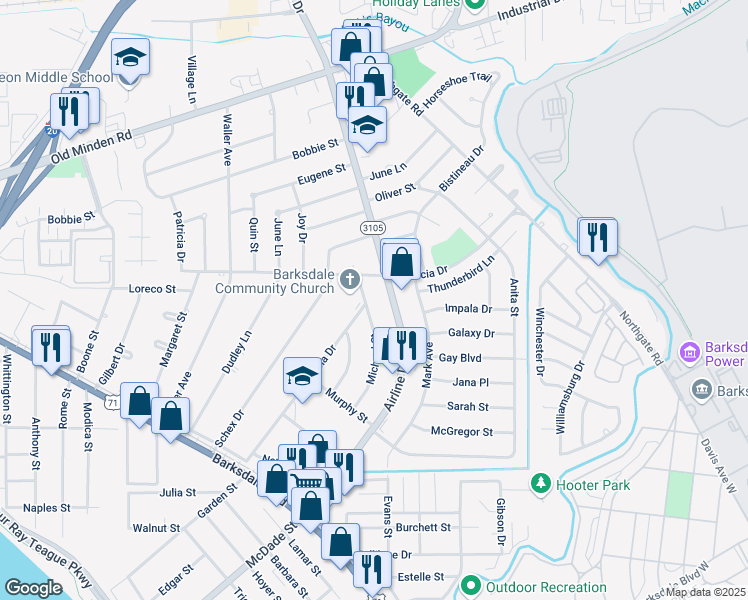 map of restaurants, bars, coffee shops, grocery stores, and more near 1354 Michael Street in Bossier City