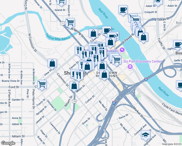 map of restaurants, bars, coffee shops, grocery stores, and more near in Shreveport