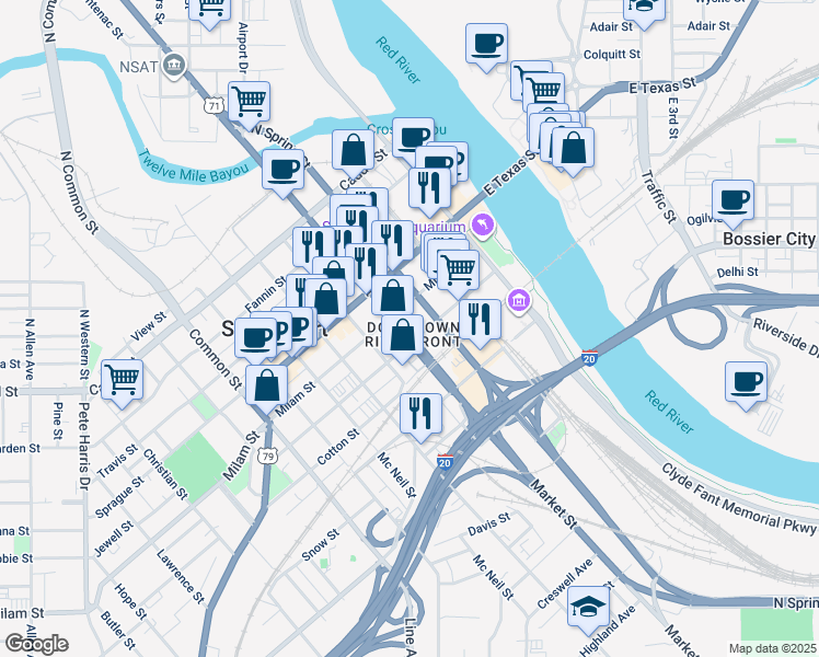 map of restaurants, bars, coffee shops, grocery stores, and more near 24312 Common Street in Shreveport