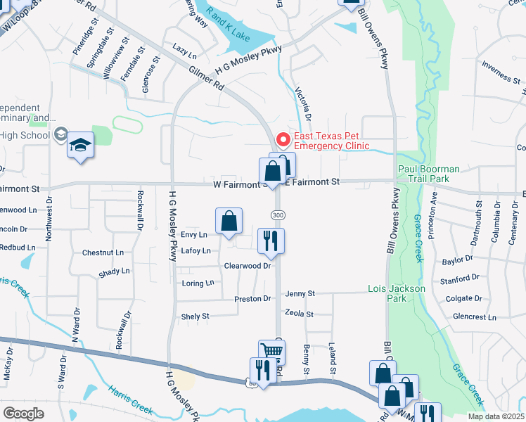 map of restaurants, bars, coffee shops, grocery stores, and more near 701 Gilmer Road in Longview
