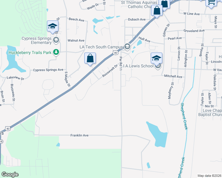 map of restaurants, bars, coffee shops, grocery stores, and more near 1406 Benton Street in Ruston