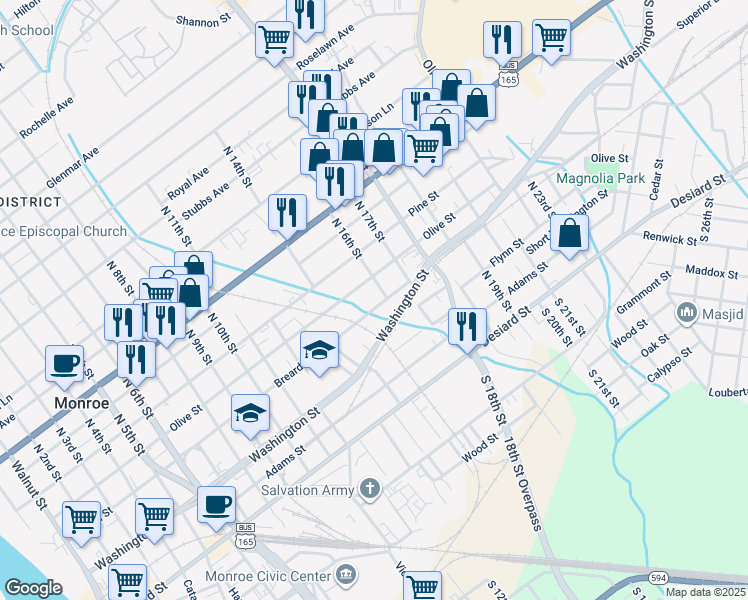 map of restaurants, bars, coffee shops, grocery stores, and more near 1513 Breard Street in Monroe