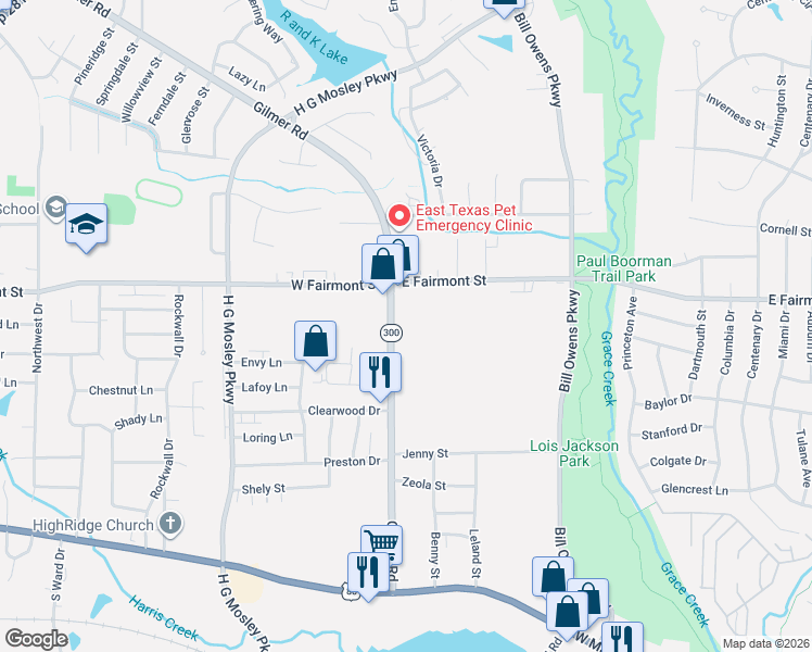 map of restaurants, bars, coffee shops, grocery stores, and more near 605 Gilmer Road in Longview