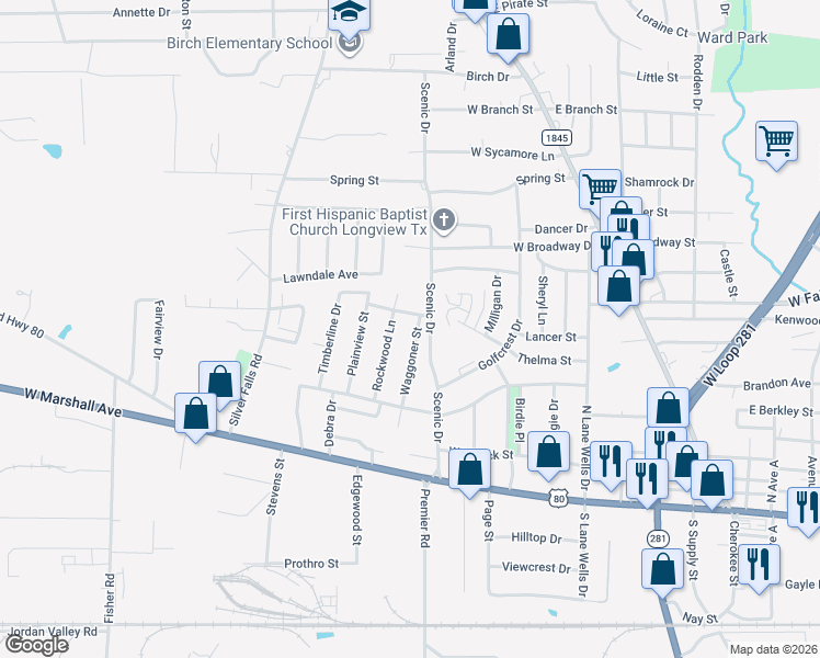 map of restaurants, bars, coffee shops, grocery stores, and more near 600 Waggoner Street in Longview