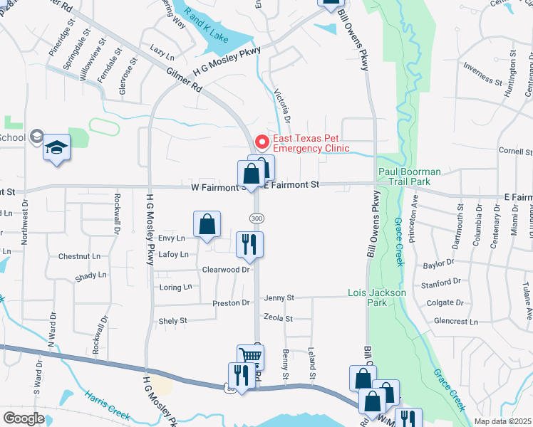map of restaurants, bars, coffee shops, grocery stores, and more near 614 Gilmer Road in Longview