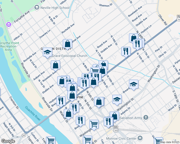 map of restaurants, bars, coffee shops, grocery stores, and more near 807 Bres Avenue in Monroe