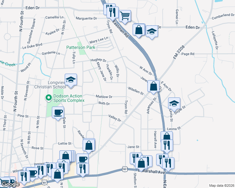 map of restaurants, bars, coffee shops, grocery stores, and more near 1420 Mahlow Drive in Longview
